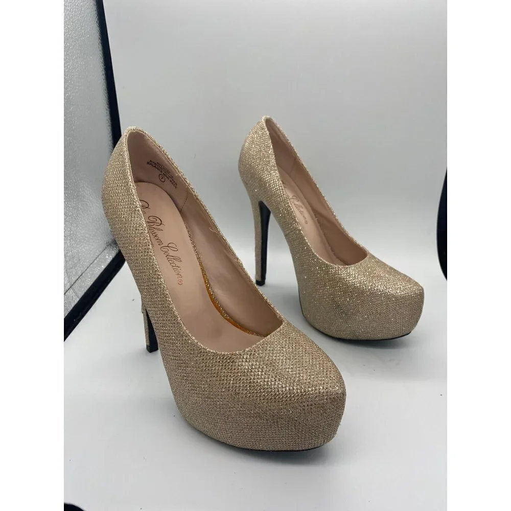 De Blossom Collection Gold Crystal Platform Heel Pumps, size 7